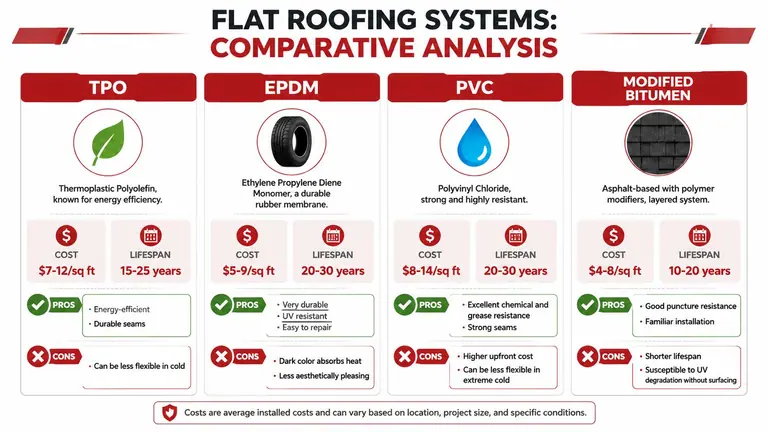A comparative infographic showing the cost, lifespan, pros, and cons of different flat roofing systems.