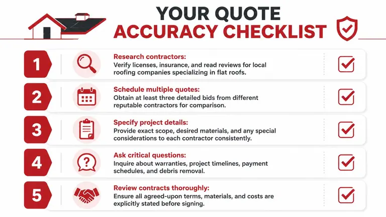 A five step checklist for obtaining accurate flat roof replacement quotes from reputable roofing contractors.