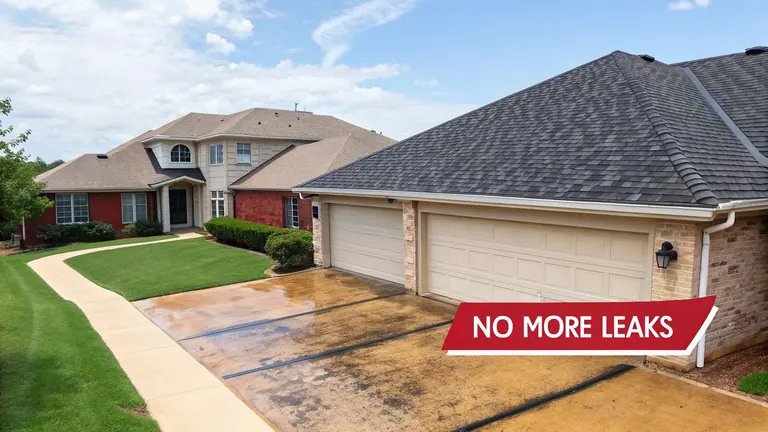 An aerial view of a large residential house with a dark roof, green lawn, and paved driveway.