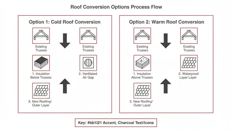 Process flow diagram showing steps for cold and warm roof conversion options with insulation placement.