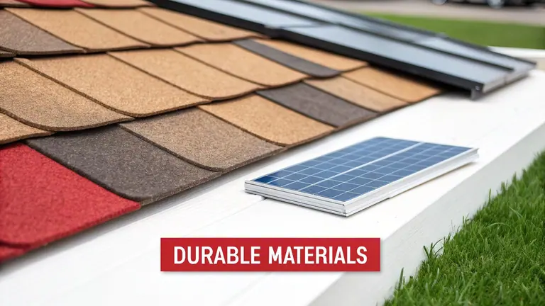 Assortment of multi-colored roof shingles and a miniature solar panel demonstrating durable roofing materials.