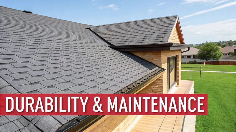 A modern house with a gray pitched roof, brick walls, and green lawn, featuring durability and maintenance.
