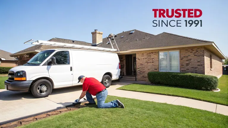 A professional kneeling on a lawn, working on a gutter system near a white service van and brick house.