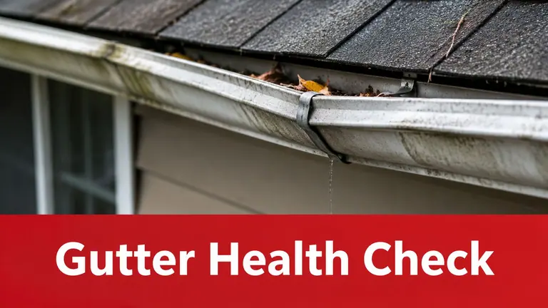 A dirty, clogged rain gutter on a house roof with debris needing a gutter health check