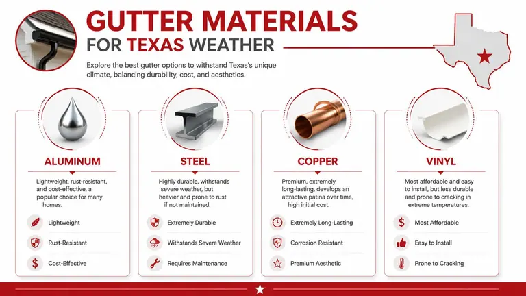 An infographic comparing different gutter materials like aluminum, steel, copper, and vinyl for Texas weather conditions.