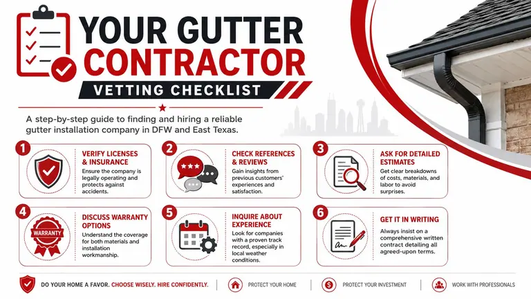 A professional infographic titled Your Gutter Contractor Vetting Checklist providing six essential steps for hiring reliable contractors.