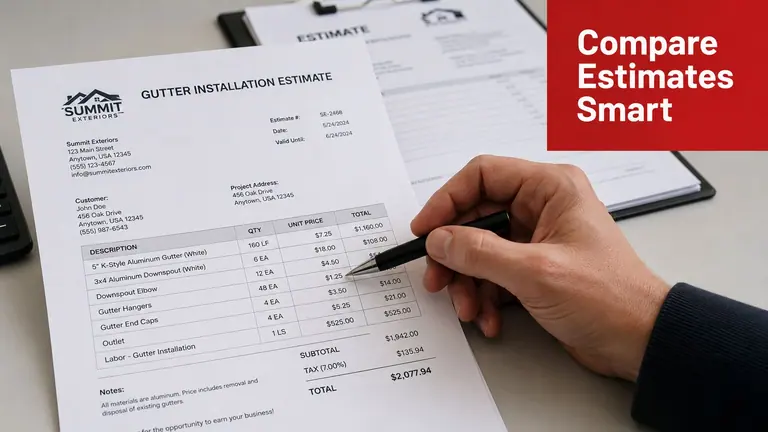 A close-up view of a person using a pen to review a detailed gutter installation estimate document.