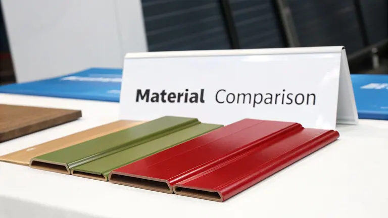Material comparison display with various colored samples, including red, green, and brown, on a white table.