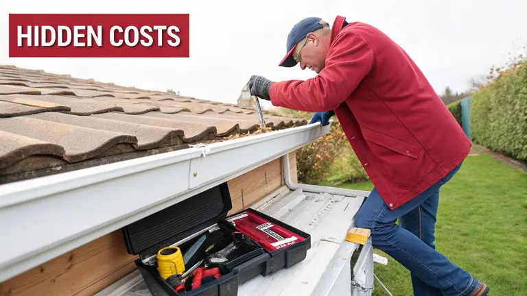 A man in a red jacket and blue cap is cleaning a house gutter filled with debris, with a toolbox on the scaffold.