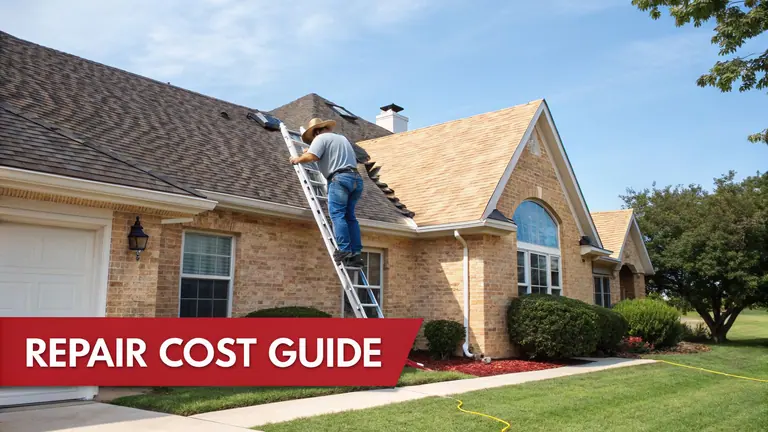 A man on a ladder repairing a residential roof with a mix of old and new shingles, under a 'REPAIR COST GUIDE' banner.