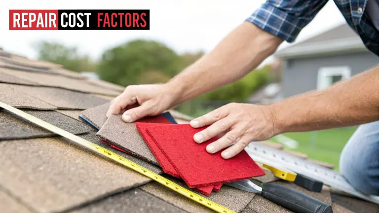 A person's hands selecting red and brown shingle samples on a roof with a tape measure and tools.