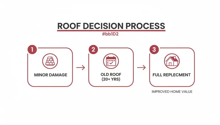 A flowchart outlining the roof decision process, including minor damage, old roof, and full replacement.