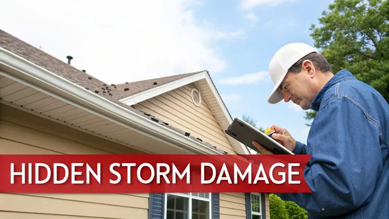 A man in a cap inspects a house roof and gutters, looking for hidden storm damage.