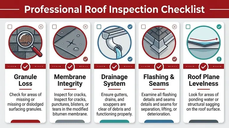 A professional roof inspection checklist infographic showing five key areas to check for roof maintenance and damage.