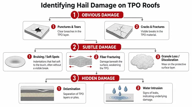 An infographic showing the three categories of hail damage on TPO roofs: obvious, subtle, and hidden damage.