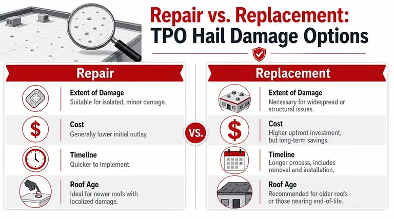 A comparison chart showing factors to consider when choosing between repairing or replacing a TPO roof after hail damage.