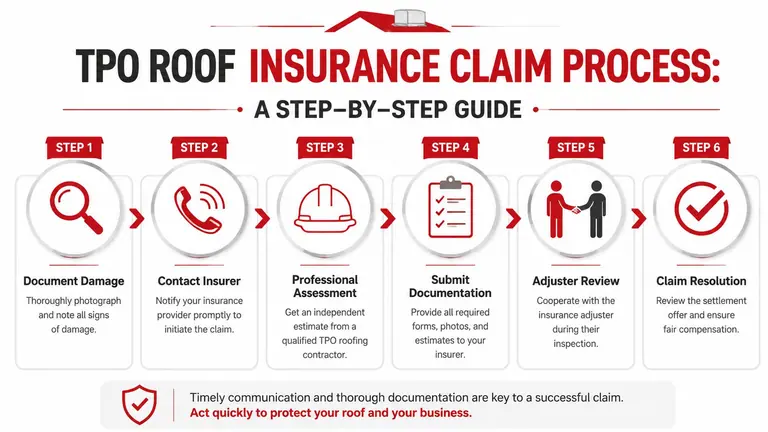 A six-step infographic detailing the TPO roof insurance claim process for business property owners.