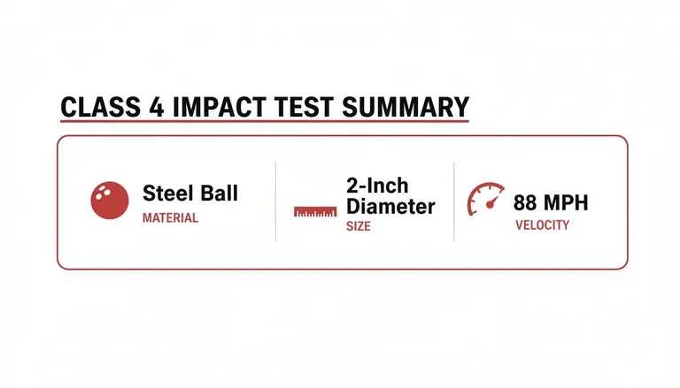 Class 4 impact test summary showing a steel ball material, 2-inch diameter, and 88 MPH velocity.
