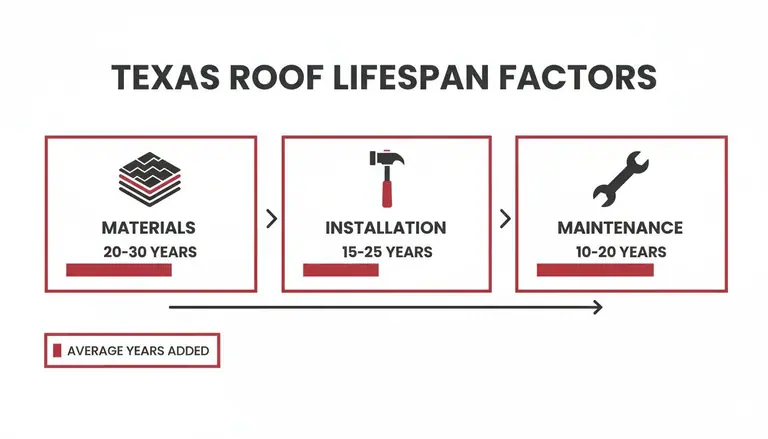 Infographic illustrating Texas roof lifespan factors including materials, installation, and maintenance, with their respective years added.