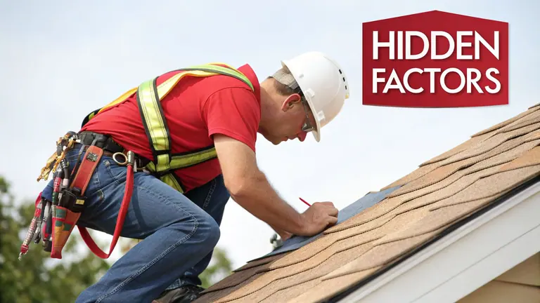 A roofer in a hard hat and safety harness marks a shingle on a brown roof.