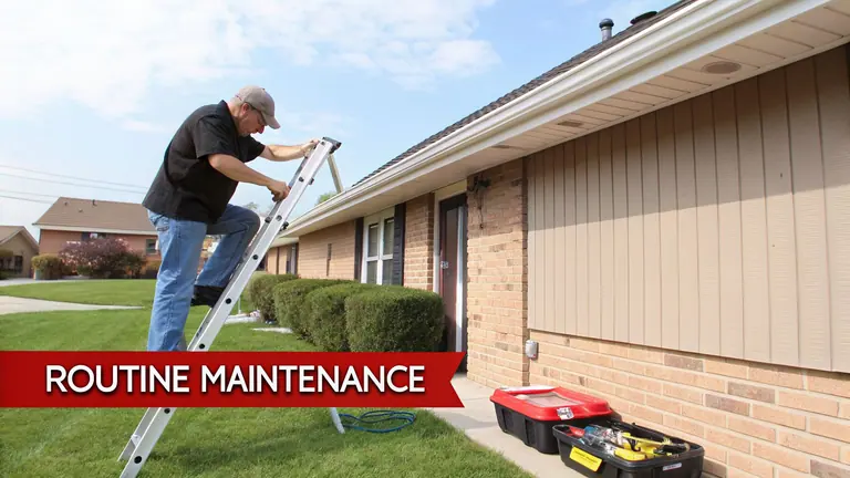 Man on a ladder performing routine maintenance on the gutters or roof of a residential house.