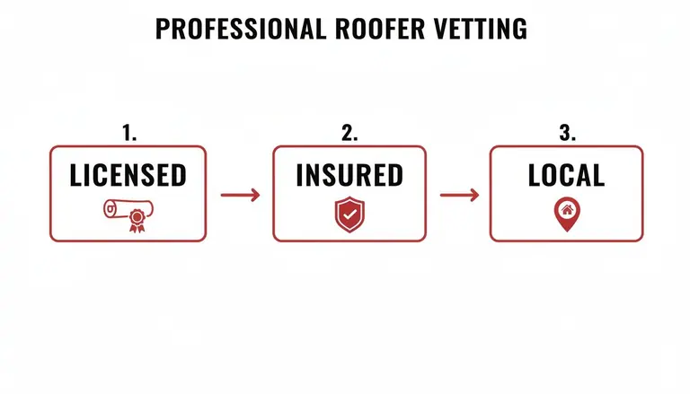A three-step professional roofer vetting process: Licensed (with diploma icon), Insured (with shield icon), Local (with house location icon).