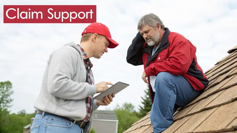 Two men on a roof, one showing a tablet to the other while discussing a claim.