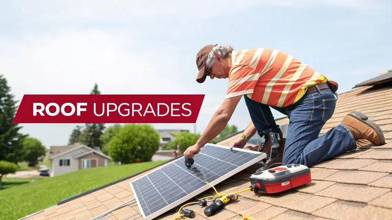 A man installs a solar panel on a residential shingled roof under a clear sky.