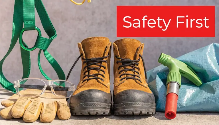 Construction safety equipment including work boots, gloves, protective eyewear, and a climbing harness on concrete.