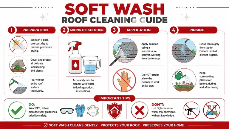 A step-by-step infographic showing how to soft wash an asphalt shingle roof safely and effectively.