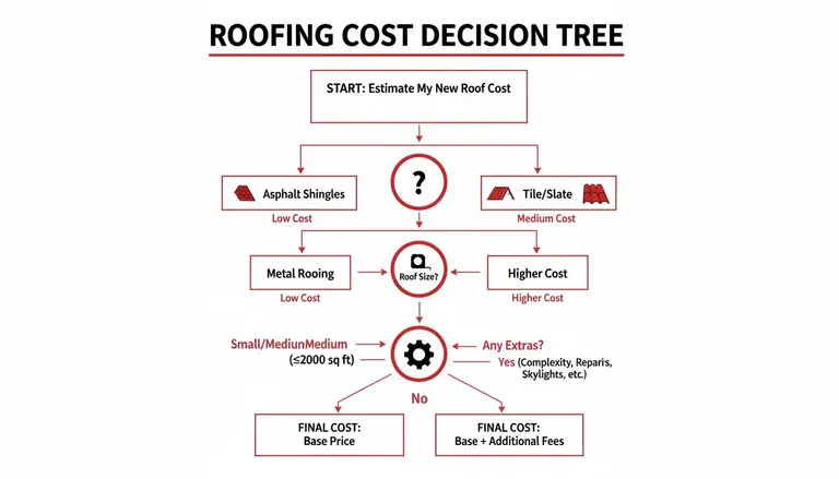 A decision tree flowchart illustrating the steps to estimate new roof costs based on material, size, and extras.