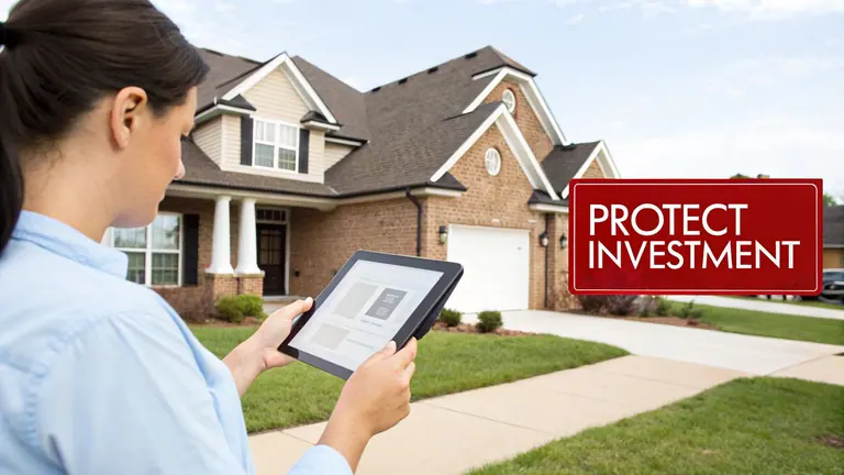 A person holds a tablet in front of a modern brick house with a 'PROTECT INVESTMENT' sign.
