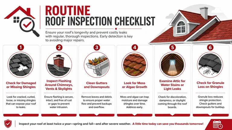 A six-step routine roof inspection checklist infographic designed to help homeowners prevent costly water damage and leaks.