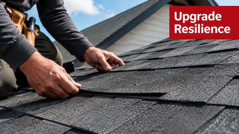 A professional roofer installing black asphalt shingles on a residential roof to ensure structural integrity and protection.