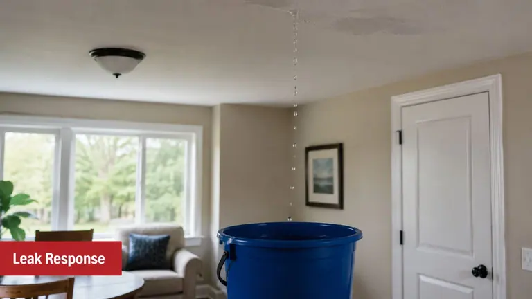 A blue bucket placed on the floor collecting water dripping from a leak in the ceiling.
