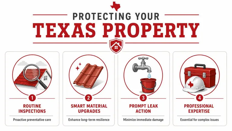 An infographic titled Protecting Your Texas Property, showing four key steps for maintaining a roof and home.