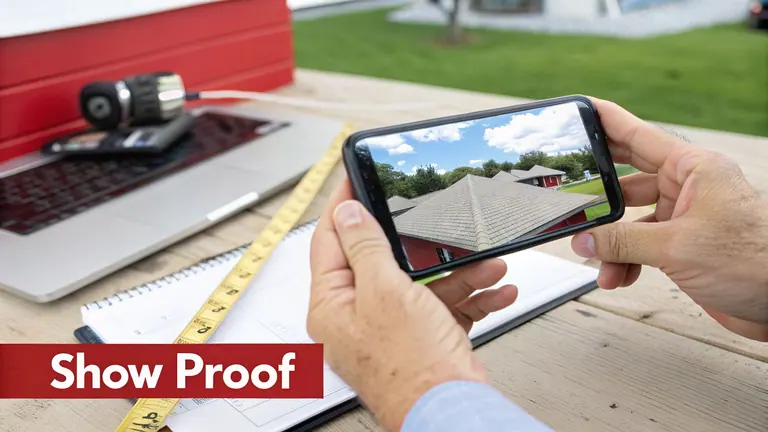 Hands holding a smartphone displaying an aerial view of a house roof, with a laptop and tools on a wooden table.