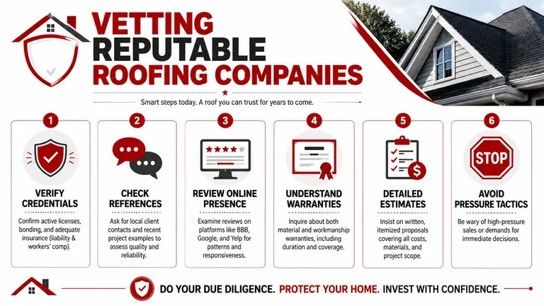 A helpful infographic showing six essential steps for choosing a reputable and reliable professional roofing company.