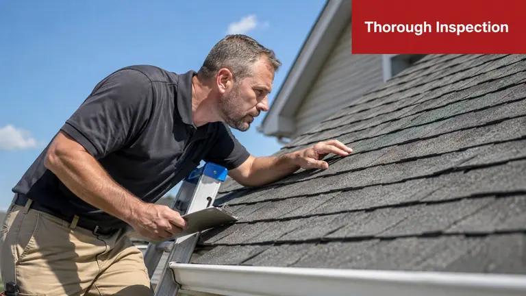 A professional roof inspector examines shingles on a residential house roof while holding a clipboard.