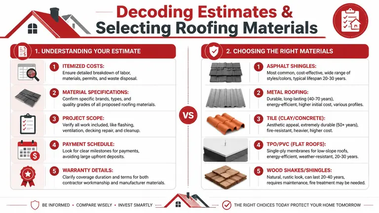 An infographic detailing how to decode roofing estimates and select the right materials for a home.