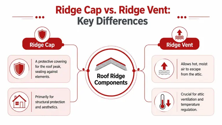 An infographic comparing the functional differences between a protective roof ridge cap and a roof ridge vent.