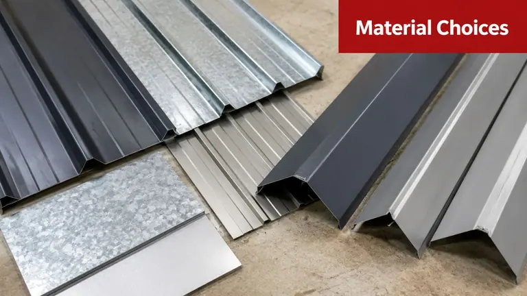 A collection of various metal roofing sheets and ridge caps showing different finishes and profiles.