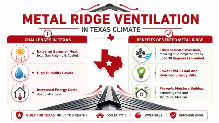 An infographic showing the benefits of metal ridge roof ventilation for homes in the Texas climate.