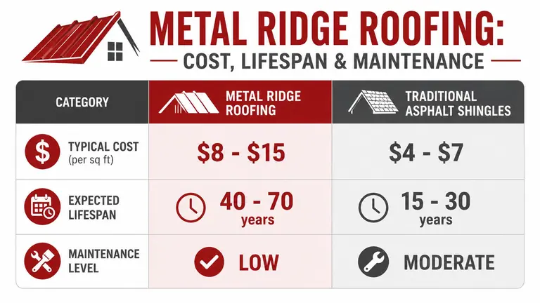 A comparison chart showing the cost, lifespan, and maintenance differences between metal ridge roofing and traditional asphalt shingles.