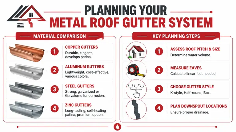 An infographic detailing materials and key planning steps for installing a metal roof gutter system.