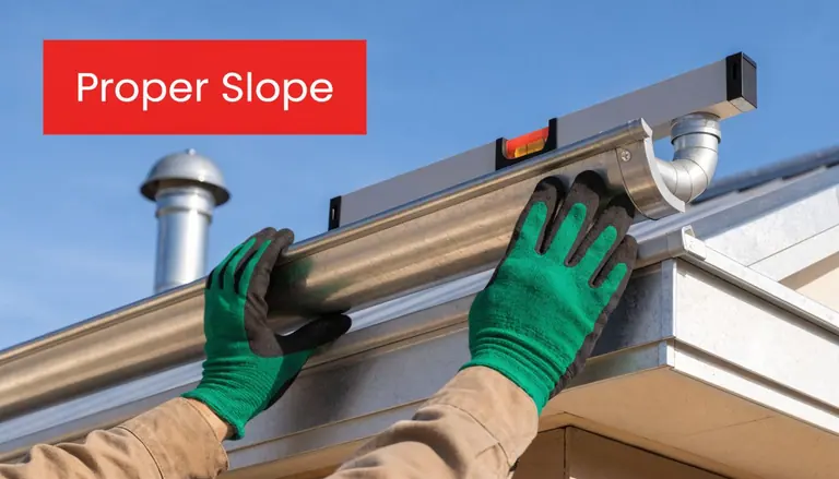 A worker wearing green gloves installing a metal gutter on a house roof using a level tool.