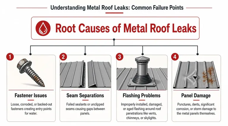 An infographic showing the four primary root causes of metal roof leaks with illustrations and descriptions.