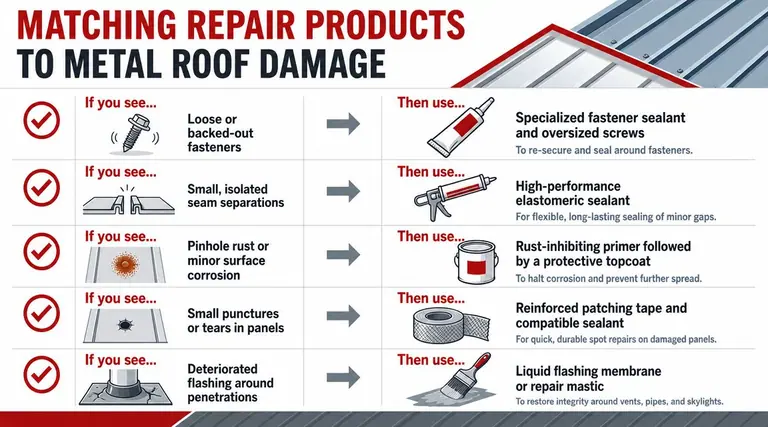 A chart showing various types of metal roof damage and the appropriate repair products for each issue.