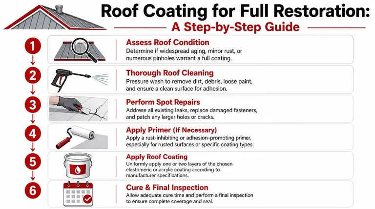 A six-step infographic detailing the professional process of applying roof coating for full restoration on metal roofs.