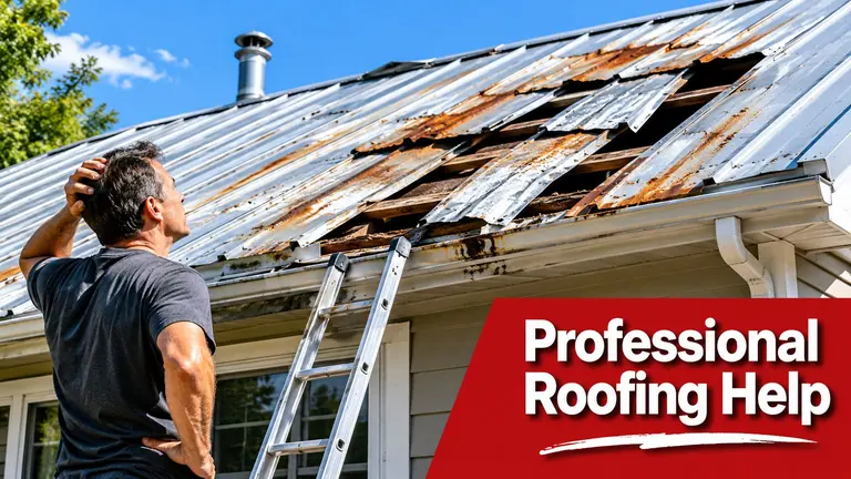 A man looking up at a damaged, rusted metal roof while holding a ladder for repairs.